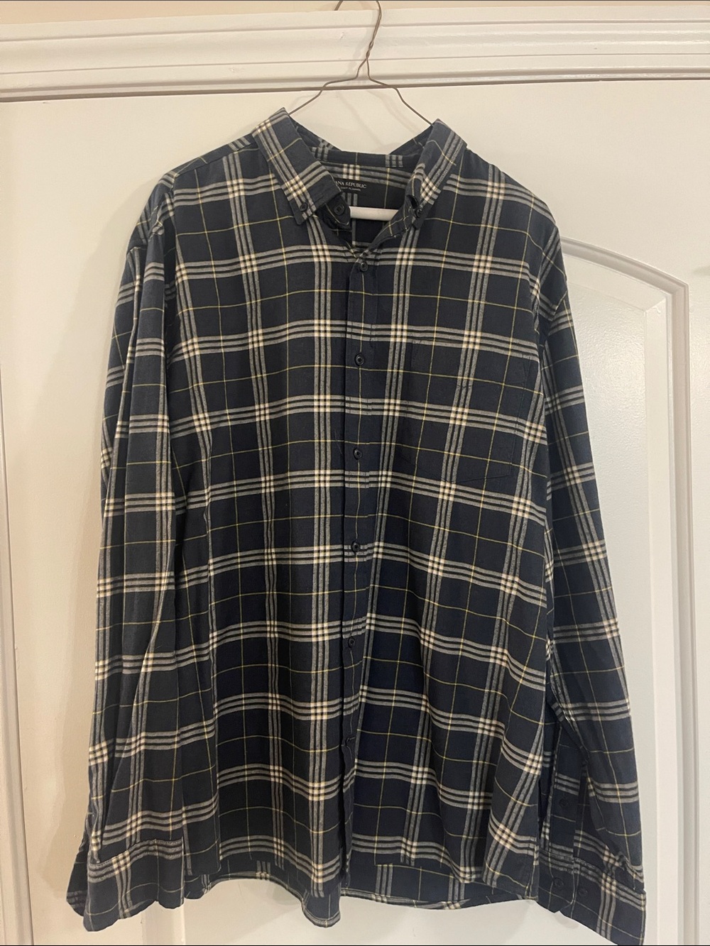 Banana Republic Navy Plaid Button-Down Flannel Shirt with White & Yellow Lines